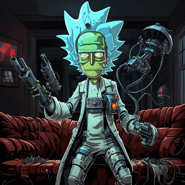 A highly detailed, menacing cyborg Rick Sanchez from 'Rick and Morty', with his iconic lab coat, robotic enhancements, glowing red eyes, holding a plasma gun, in a dystopian Smith family's living room.