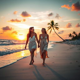 A romantic couple walking hand in hand along a picturesque beach at sunset