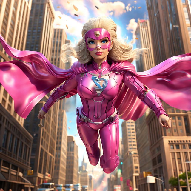 Barbie in a pink superhero outfit saving the day in a bustling city.