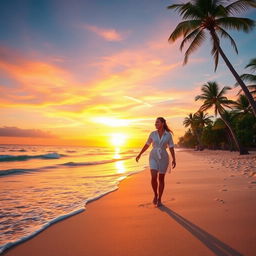 A romantic couple walking hand in hand along a picturesque beach at sunset