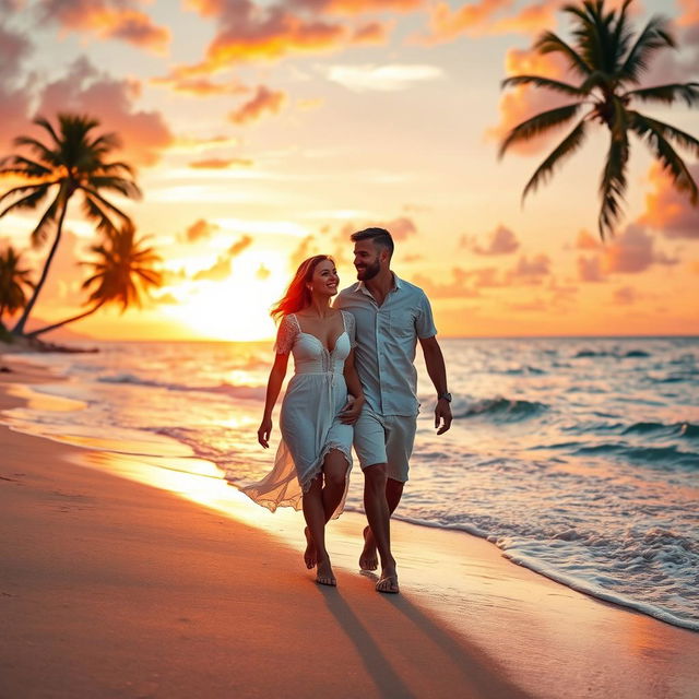 A romantic couple walking hand in hand along a picturesque beach at sunset