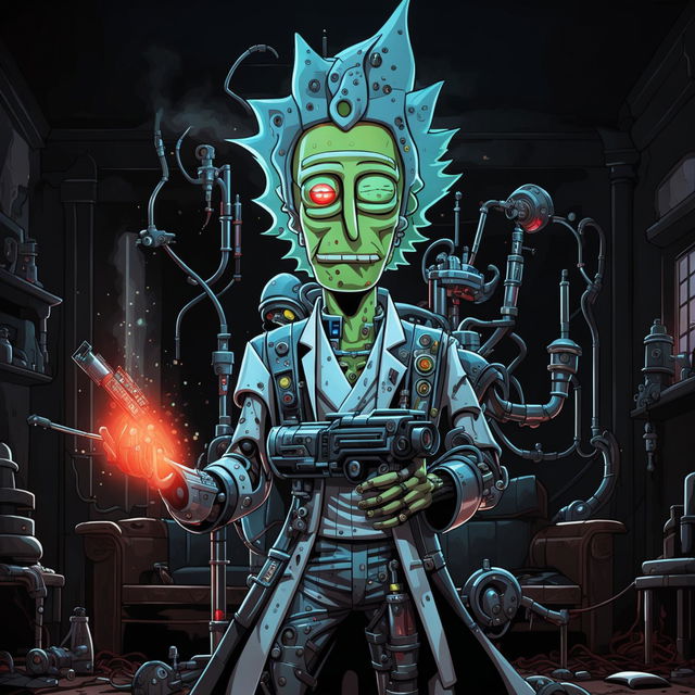 A highly detailed, menacing cyborg Rick Sanchez from 'Rick and Morty', with his iconic lab coat, robotic enhancements, glowing red eyes, holding a plasma gun, in a dystopian Smith family's living room.