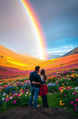 A breathtaking landscape showcasing a vibrant rainbow arching gracefully over a magnificent flower valley bursting with colorful blooms in full bloom
