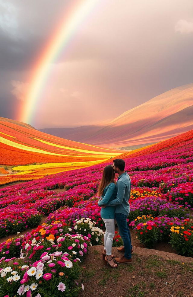 A breathtaking landscape showcasing a vibrant rainbow arching gracefully over a magnificent flower valley bursting with colorful blooms in full bloom