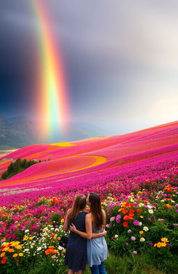 A breathtaking landscape showcasing a vibrant rainbow arching gracefully over a magnificent flower valley bursting with colorful blooms in full bloom