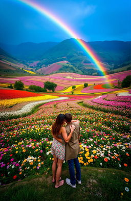 A breathtaking landscape showcasing a vibrant rainbow arching gracefully over a magnificent flower valley bursting with colorful blooms in full bloom