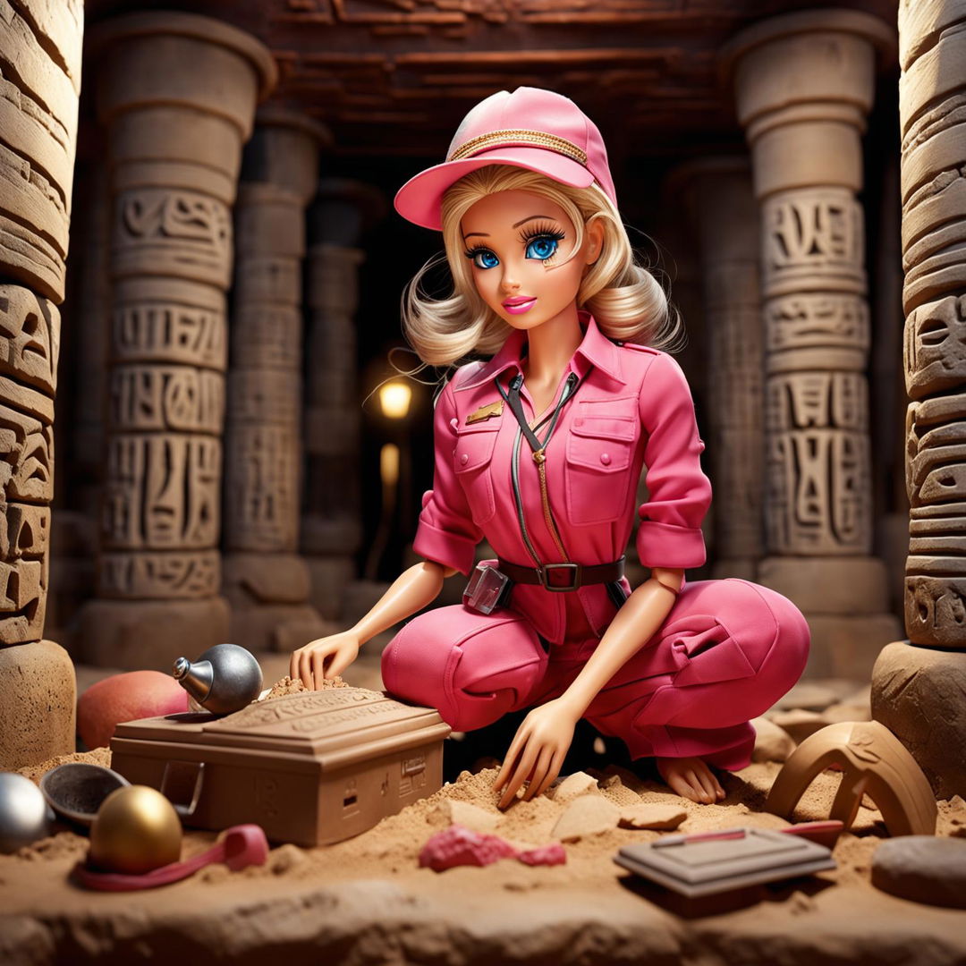 Barbie in a pink archaeologist outfit discovering ancient artifacts in an Egyptian tomb.