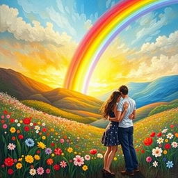 A stunning acrylic painting depicting a vibrant rainbow gracefully arching over a beautiful flower valley teeming with a variety of colorful blooms