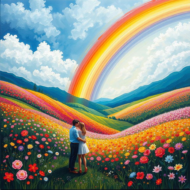 A stunning acrylic painting depicting a vibrant rainbow gracefully arching over a beautiful flower valley teeming with a variety of colorful blooms