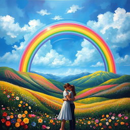A stunning acrylic painting depicting a vibrant rainbow gracefully arching over a beautiful flower valley teeming with a variety of colorful blooms