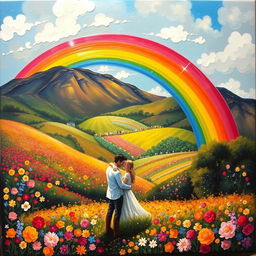 A stunning acrylic painting depicting a vibrant rainbow gracefully arching over a beautiful flower valley teeming with a variety of colorful blooms