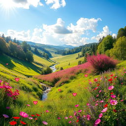 A picturesque and enchanting love valley, filled with lush greenery, rolling hills, and vibrant wildflowers in various shades of pink, red, and purple