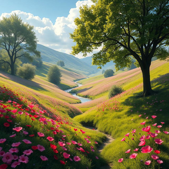 A picturesque and enchanting love valley, filled with lush greenery, rolling hills, and vibrant wildflowers in various shades of pink, red, and purple