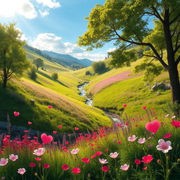 A picturesque and enchanting love valley, filled with lush greenery, rolling hills, and vibrant wildflowers in various shades of pink, red, and purple
