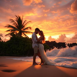 A romantic scene featuring a couple embracing on a secluded beach at sunset