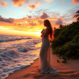 A romantic scene featuring a couple embracing on a secluded beach at sunset