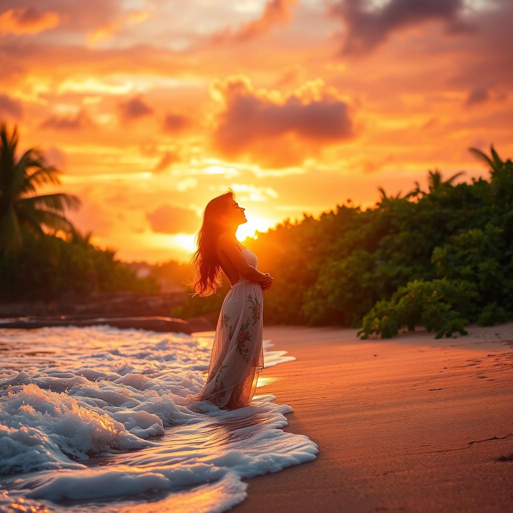 A romantic scene featuring a couple embracing on a secluded beach at sunset