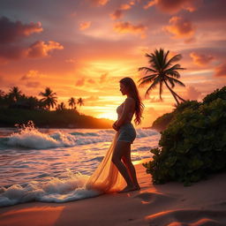 A romantic scene featuring a couple embracing on a secluded beach at sunset