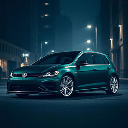 A striking dark green MK7 Volkswagen R parked in a shadowy urban environment, featuring white Turbomac wheels and an aggressive body kit