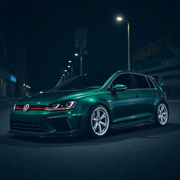 A striking dark green MK7 Volkswagen R parked in a shadowy urban environment, featuring white Turbomac wheels and an aggressive body kit