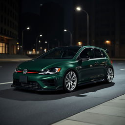 A striking dark green MK7 Volkswagen R parked in a shadowy urban environment, featuring white Turbomac wheels and an aggressive body kit