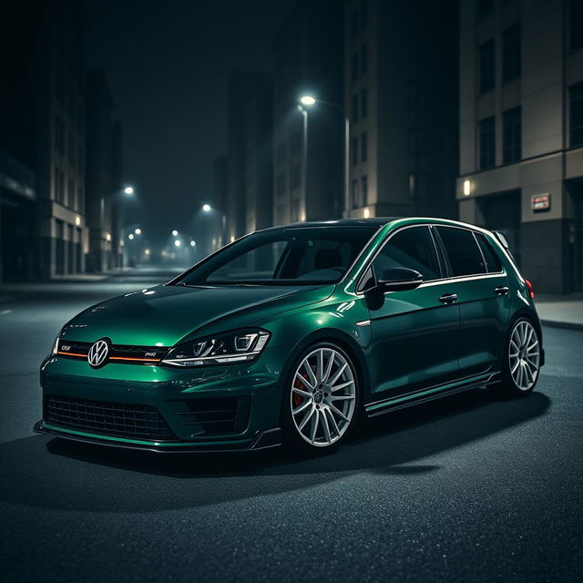 A striking dark green MK7 Volkswagen R parked in a shadowy urban environment, featuring white Turbomac wheels and an aggressive body kit