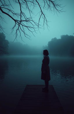 A serene, melancholic scene depicting a misty lake surrounded by dense trees at dusk, with gentle ripples on the water's surface reflecting the fading light