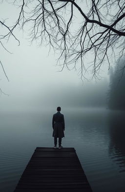A serene, melancholic scene depicting a misty lake surrounded by dense trees at dusk, with gentle ripples on the water's surface reflecting the fading light