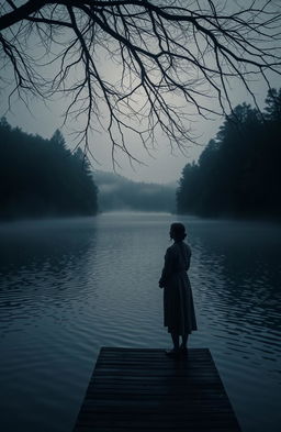 A serene, melancholic scene depicting a misty lake surrounded by dense trees at dusk, with gentle ripples on the water's surface reflecting the fading light