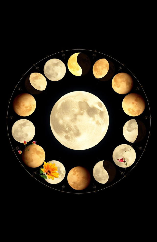 An artistic representation of all phases of the moon arranged in a circular format, symbolizing the complete cycle of life