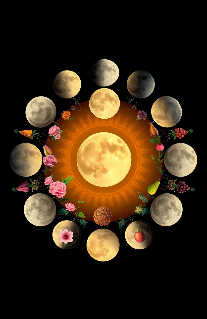 An artistic representation of all phases of the moon arranged in a circular format, symbolizing the complete cycle of life