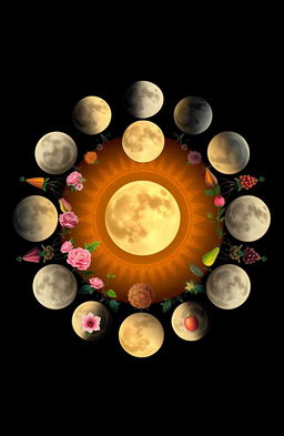 An artistic representation of all phases of the moon arranged in a circular format, symbolizing the complete cycle of life