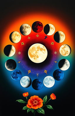 An artistic representation of all phases of the moon arranged in a circular format, symbolizing the complete cycle of life