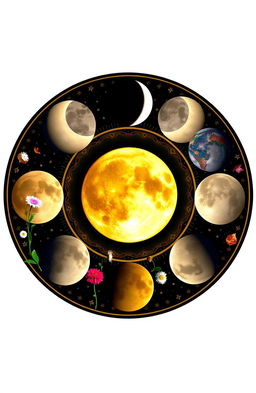 An artistic representation of all phases of the moon arranged in a circular format, symbolizing the complete cycle of life
