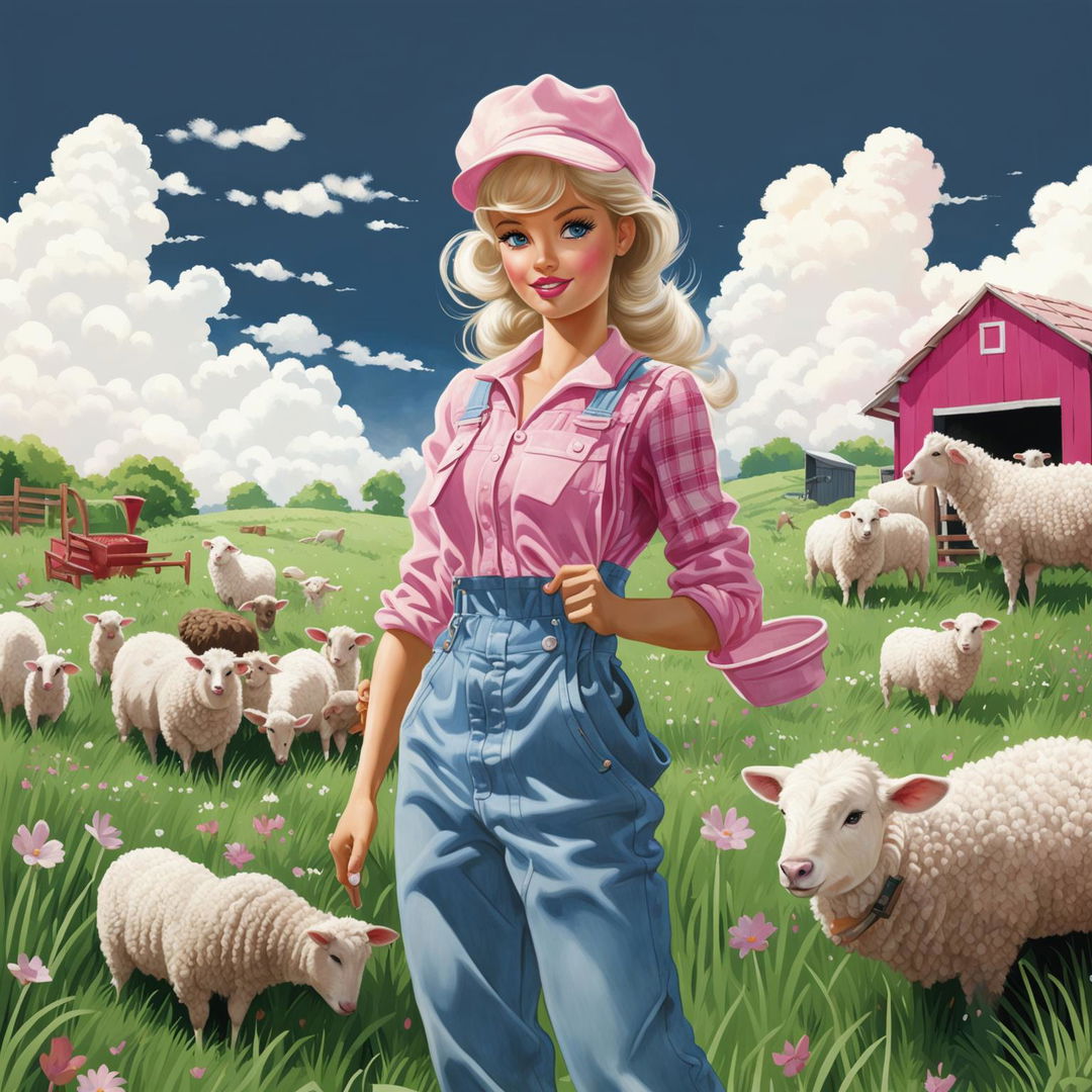 Barbie in a pink farmer outfit tending to animals on a sunny farm.