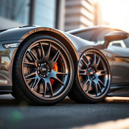 A close-up view of Turbomac wheels, showcasing their intricate design and glossy finish