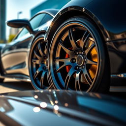 A close-up view of Turbomac wheels, showcasing their intricate design and glossy finish