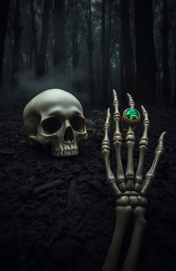 A dark, eerie forest scene featuring a skull emerging from thick, muddy ground
