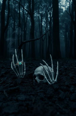 A dark, eerie forest scene featuring a skull emerging from thick, muddy ground