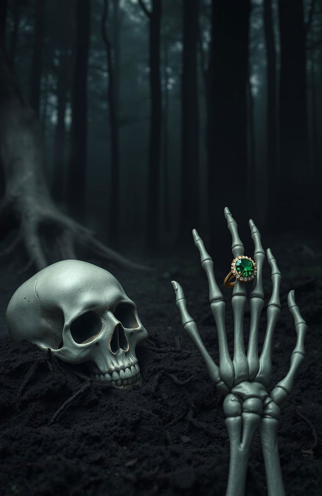 A dark, eerie forest scene featuring a skull emerging from thick, muddy ground