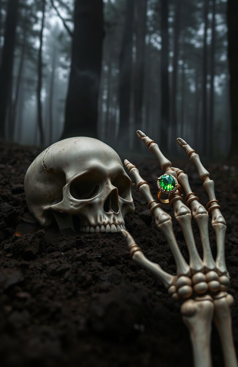 A dark, eerie forest scene featuring a skull emerging from thick, muddy ground