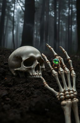 A dark, eerie forest scene featuring a skull emerging from thick, muddy ground