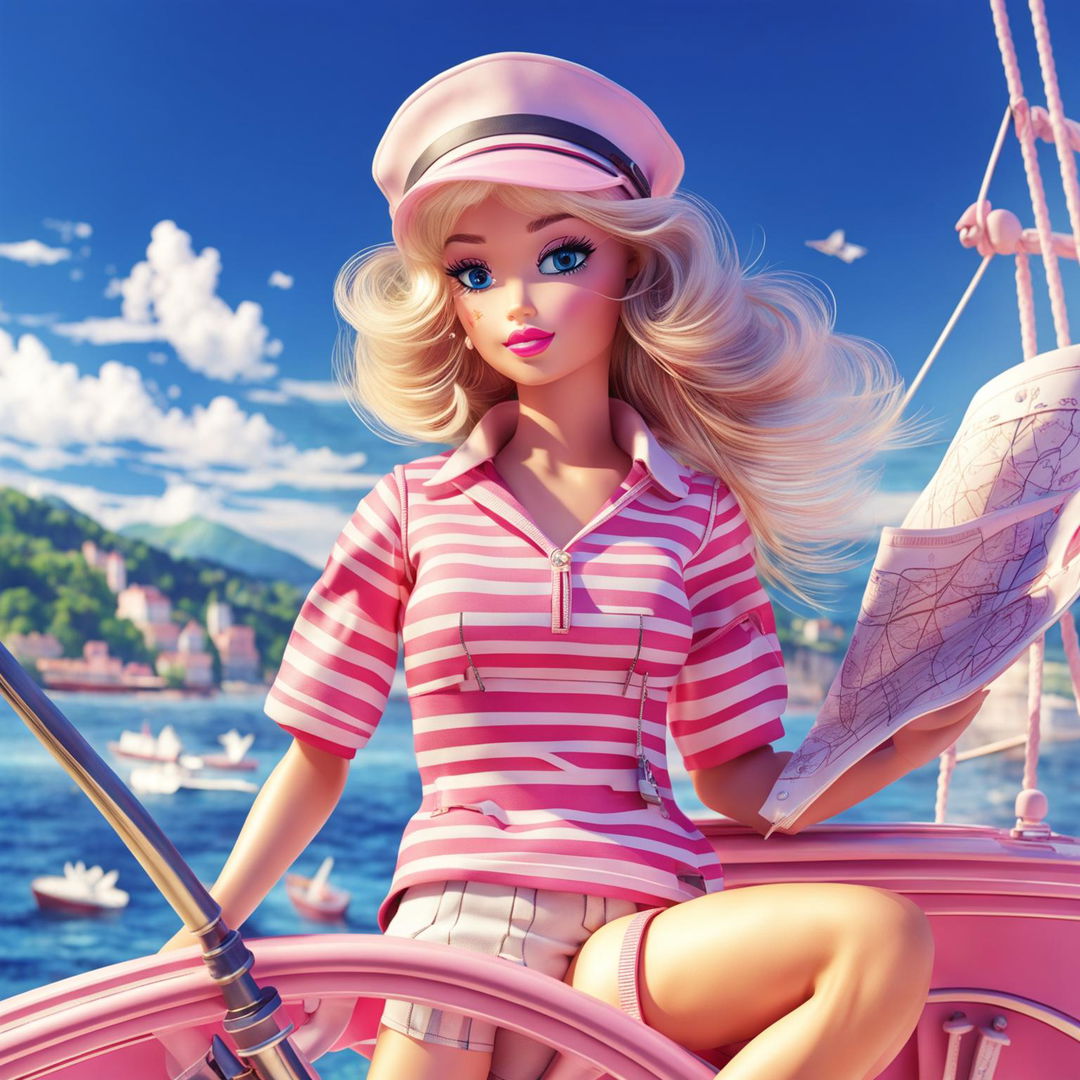 Barbie in a pink sailor outfit navigating a pink sailboat on a sunny day.