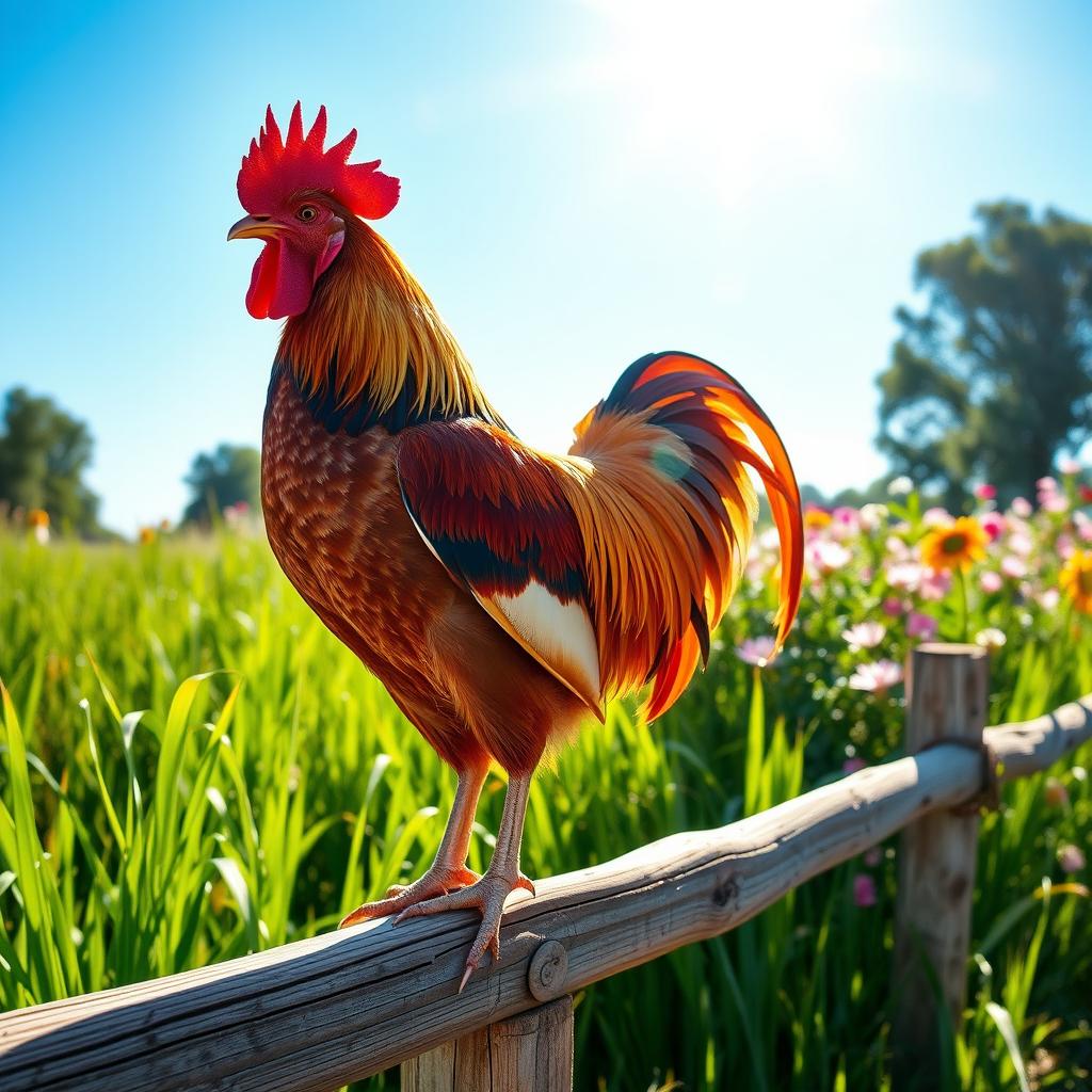 A vibrant and colorful rooster standing proudly on a wooden fence post, surrounded by lush green grass and blooming flowers in the background