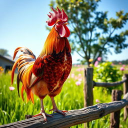 A vibrant and colorful rooster standing proudly on a wooden fence post, surrounded by lush green grass and blooming flowers in the background