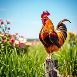 A vibrant and colorful rooster standing proudly on a wooden fence post, surrounded by lush green grass and blooming flowers in the background
