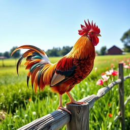 A vibrant and colorful rooster standing proudly on a wooden fence post, surrounded by lush green grass and blooming flowers in the background