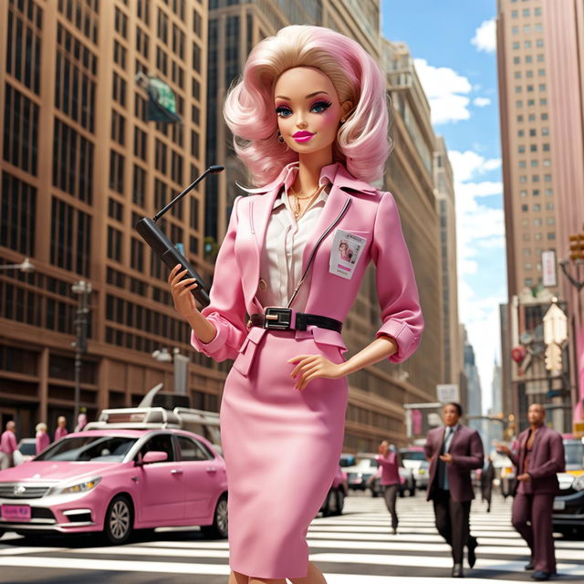 Barbie in a pink journalist outfit reporting live from a bustling city.