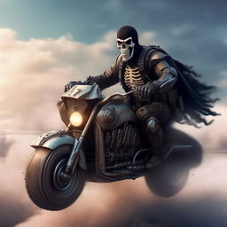 A rifle-armed kidnapper sporting a skeleton face mask and a standard bullet-proof vest, cruising through the sky on a futuristic hover-bike.