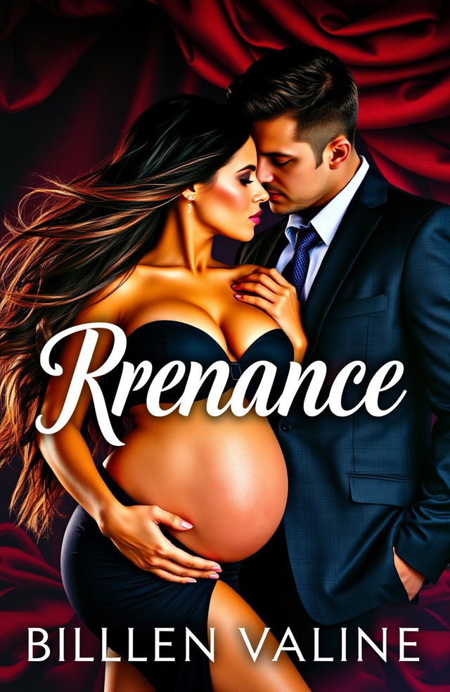 A captivating romance book cover featuring a seductive, pregnant woman in the foreground, exuding confidence and allure